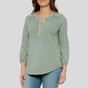 Lucky Brand Embroidered Henley Peasant Top Long Sleeve Split V-Neck Sz XL Green